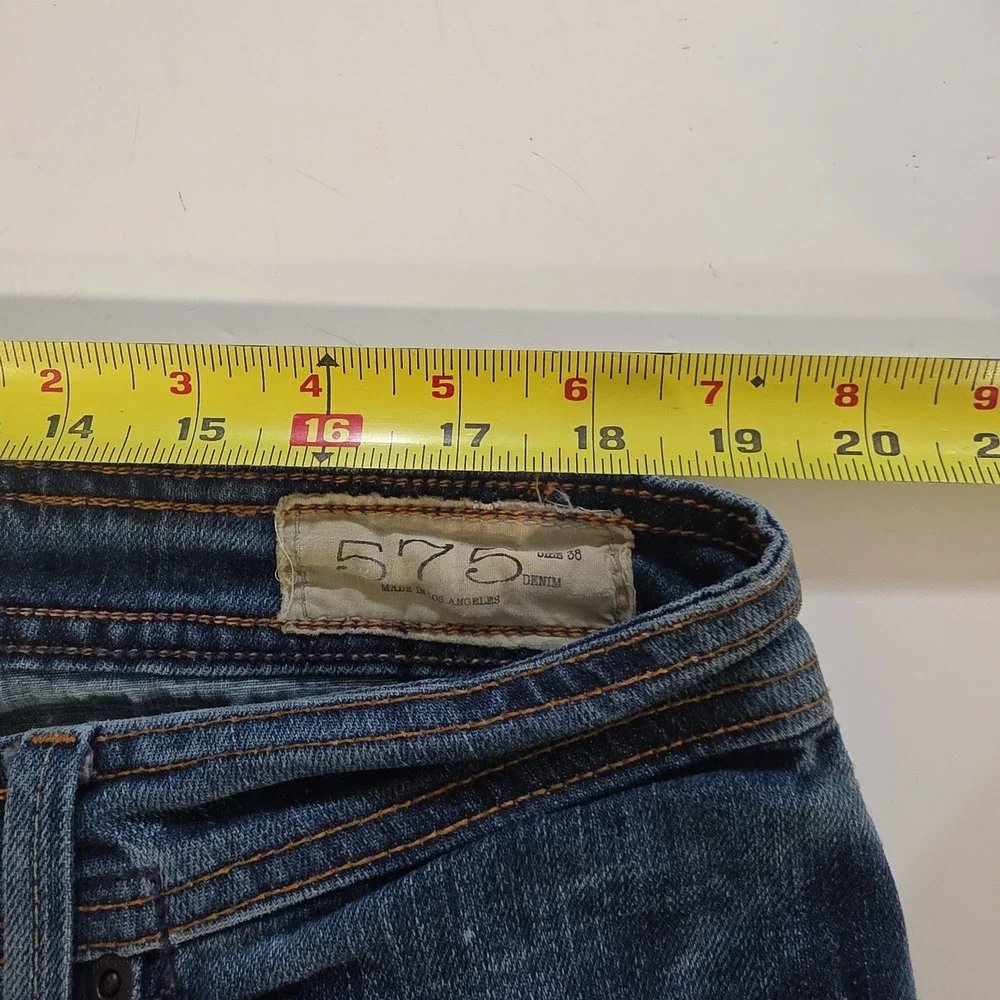 575 Denim Mens Straight Leg Buttin Fly Distressed Whiskered Blue Jeans LA Sz 38